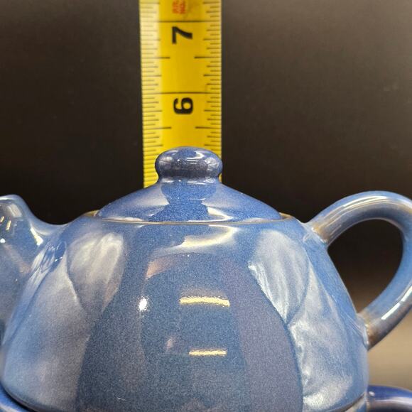 London Pottery Blue “Tea for One” Teapot & Cup Set Stoneware 6" England - Picture 10 of 11